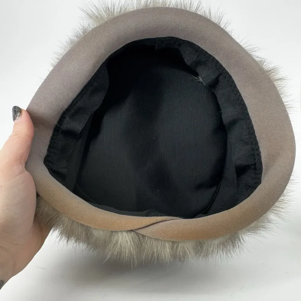 1960s Grey Ribbed Mink Fur Pillbox Hat Vintage Cap